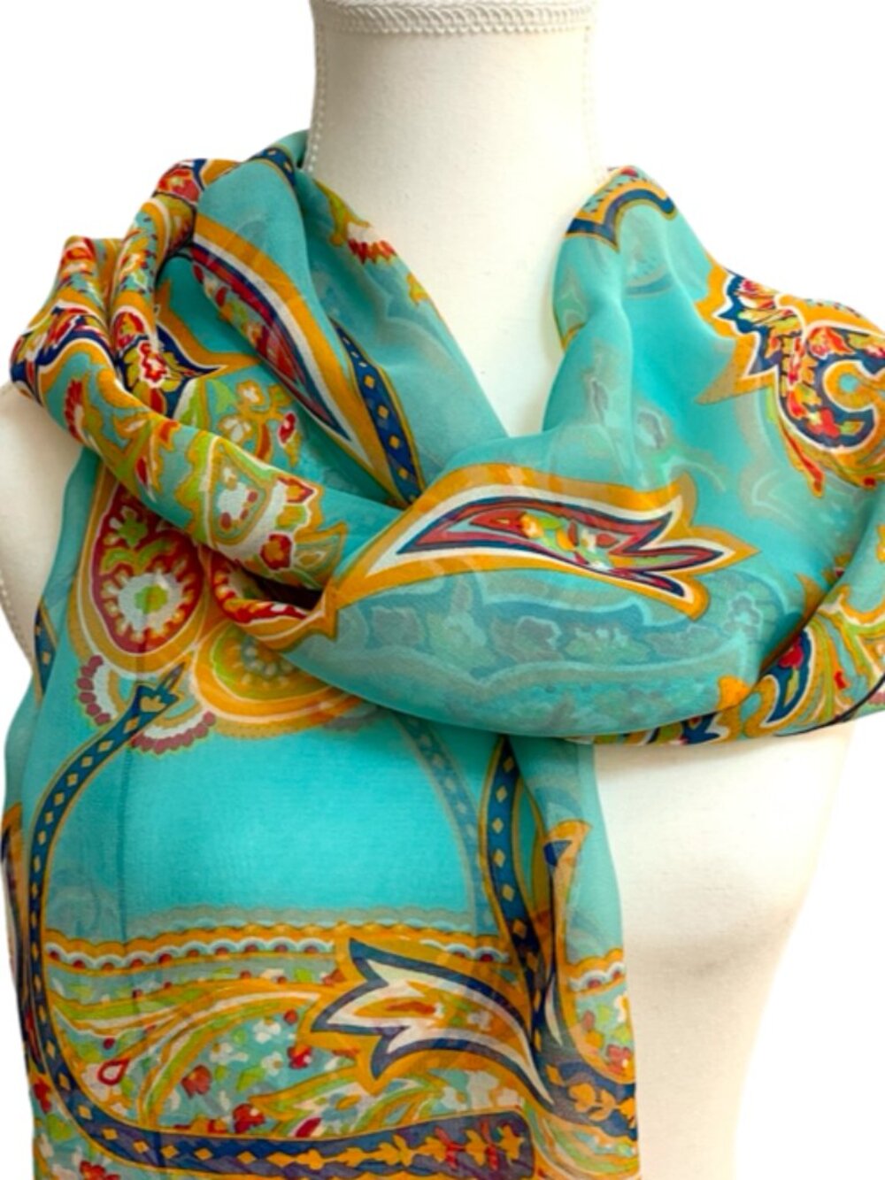 Nordstrom Made in Italy 100% Silk Paisley Oblong Scarf – Aqua, Gold & Coral
